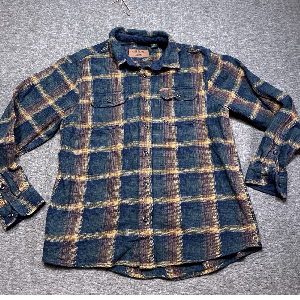 Orvis Heavy Flannel Shirt Jacket Men's Sz L Green Brown Plaid Fisherman Pockets